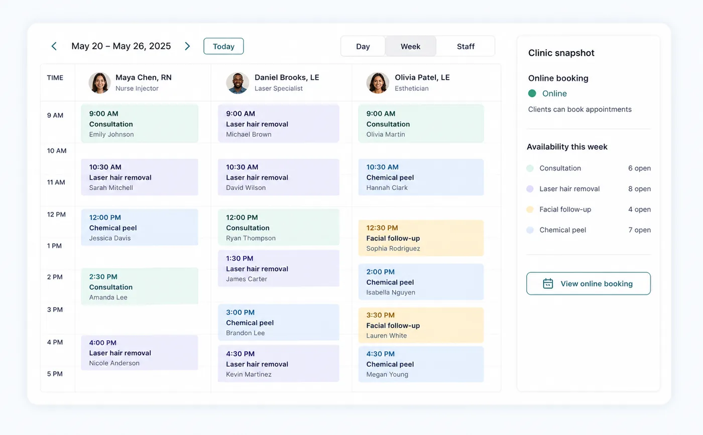 Zenome scheduling workspace showing clinic appointments and daily operations